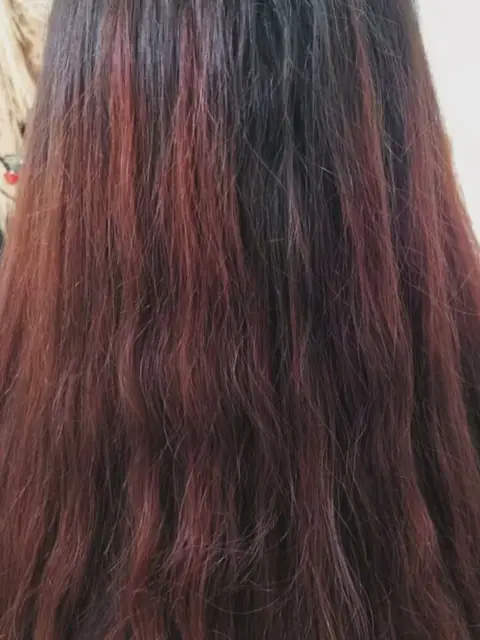 Antes: cabello castaño rojizo, largo y con frizz, visto de espaldas