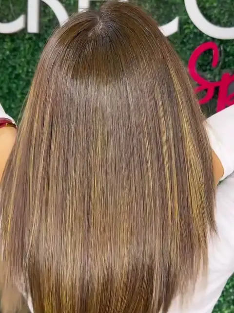 Resultado: cabello castaño claro, largo y liso, visto de espaldas delante del muro verde de Perfect