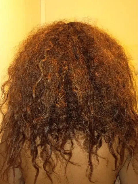 Antes: cabello cobrizo, rizado y con frizz, visto de espaldas